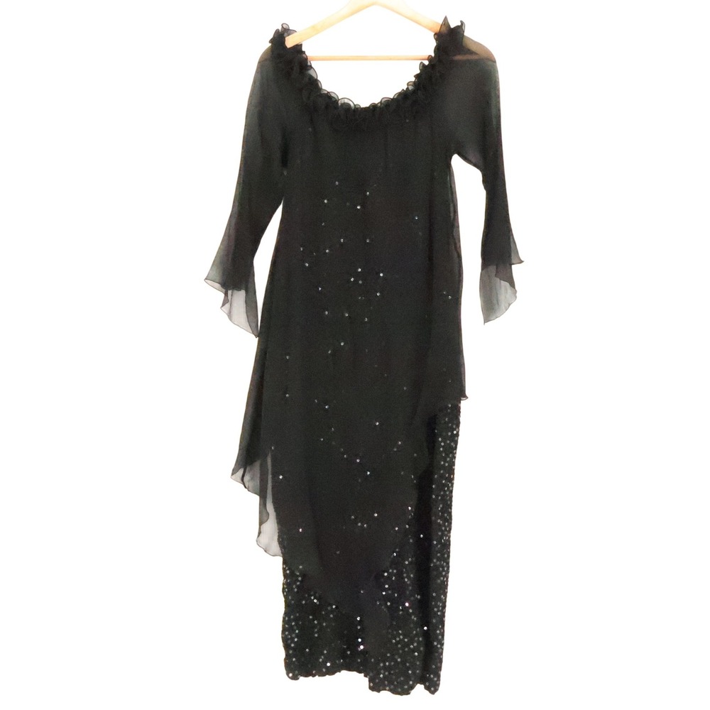 Sara Mique Sequin Layered Chiffon Maxi Dress Womens Size S Black Formal Holiday